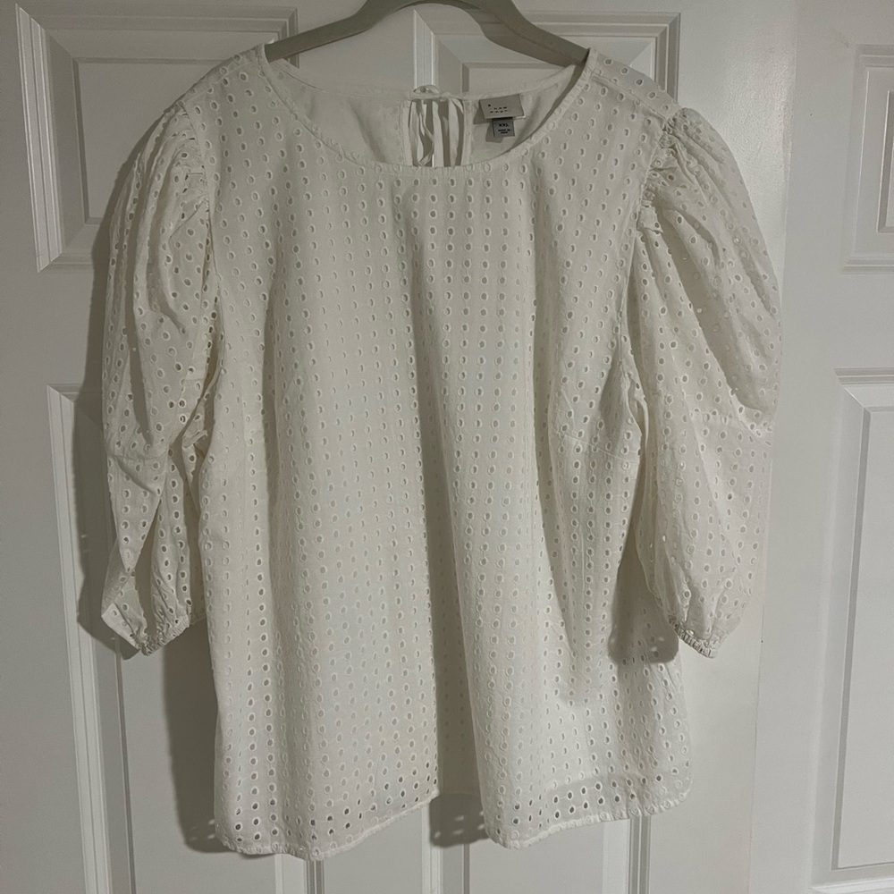 A New Day Women’s S Allover Eyelet Elbow Length Puff Sleeve Blouse White